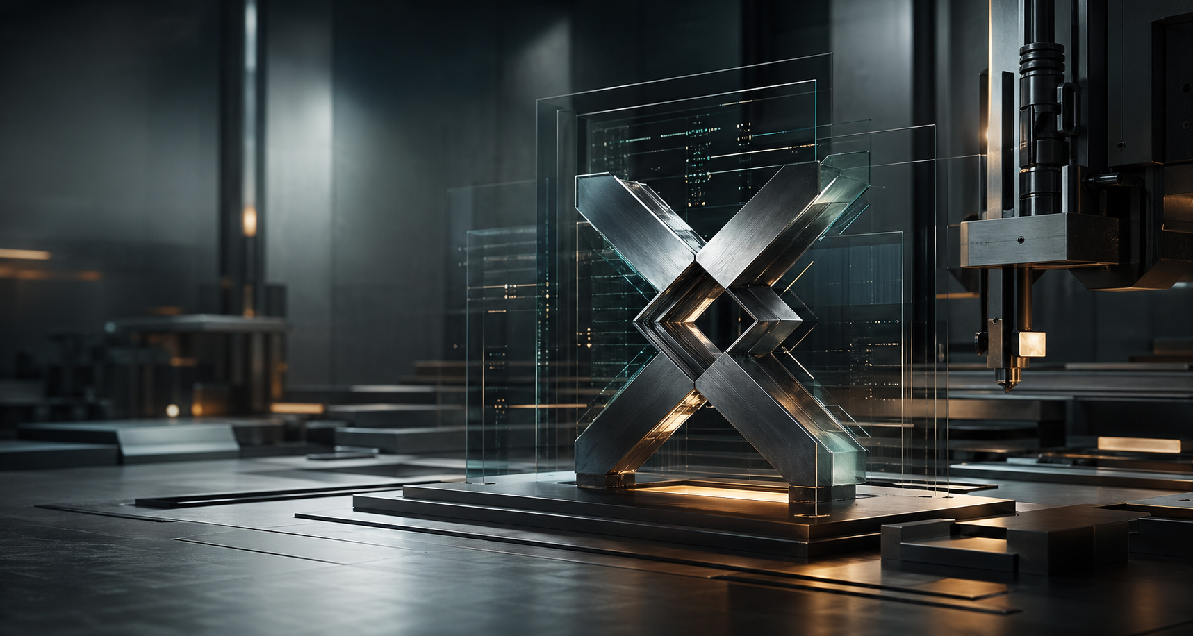 Abstract digital foundry with glass panels, metal forms, and refined light traces